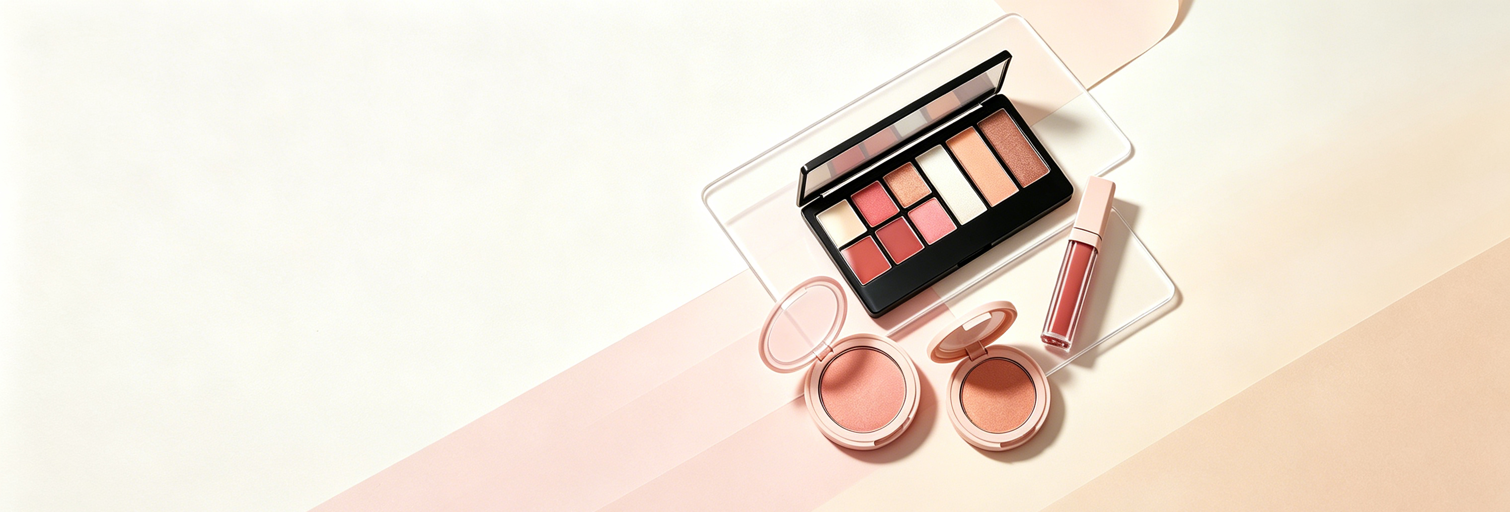 Free sample makeup banner featuring RIHAO eyeshadow palette and blush products in soft pink aesthetic, 16:9 ratio for website header