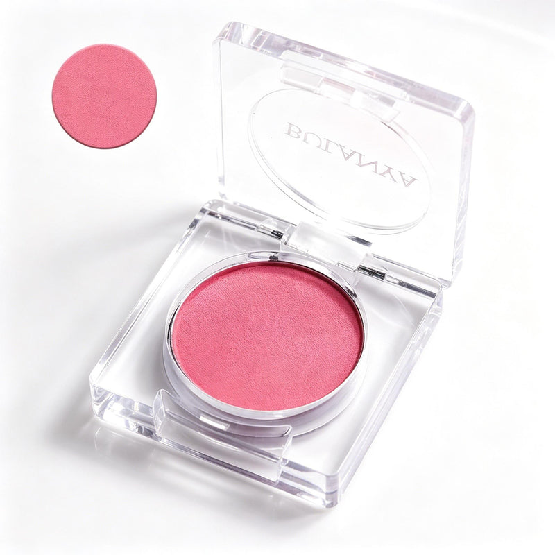 Bulanxa blush compact in clear square case with pink swatch detail shot