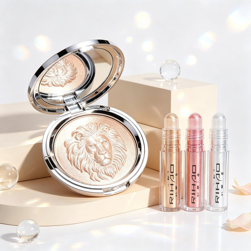 Lion embossed palette open with roll-on bottles, warm tone makeup set