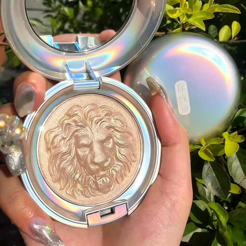 Lion head embossed pressed highlighter palette, rose gold case, close-up detail