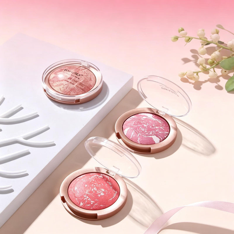 Rihao baked blusher trio in rose gold rimmed clear cases marble pattern pans