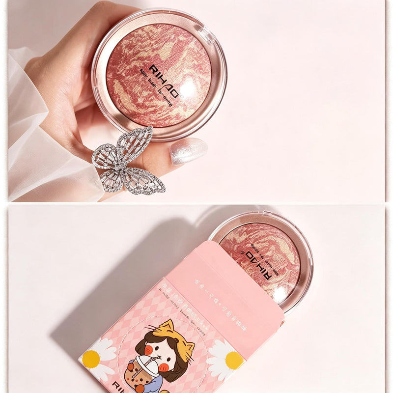 Rihao baked blusher held in hand with cute cartoon box packaging two panel